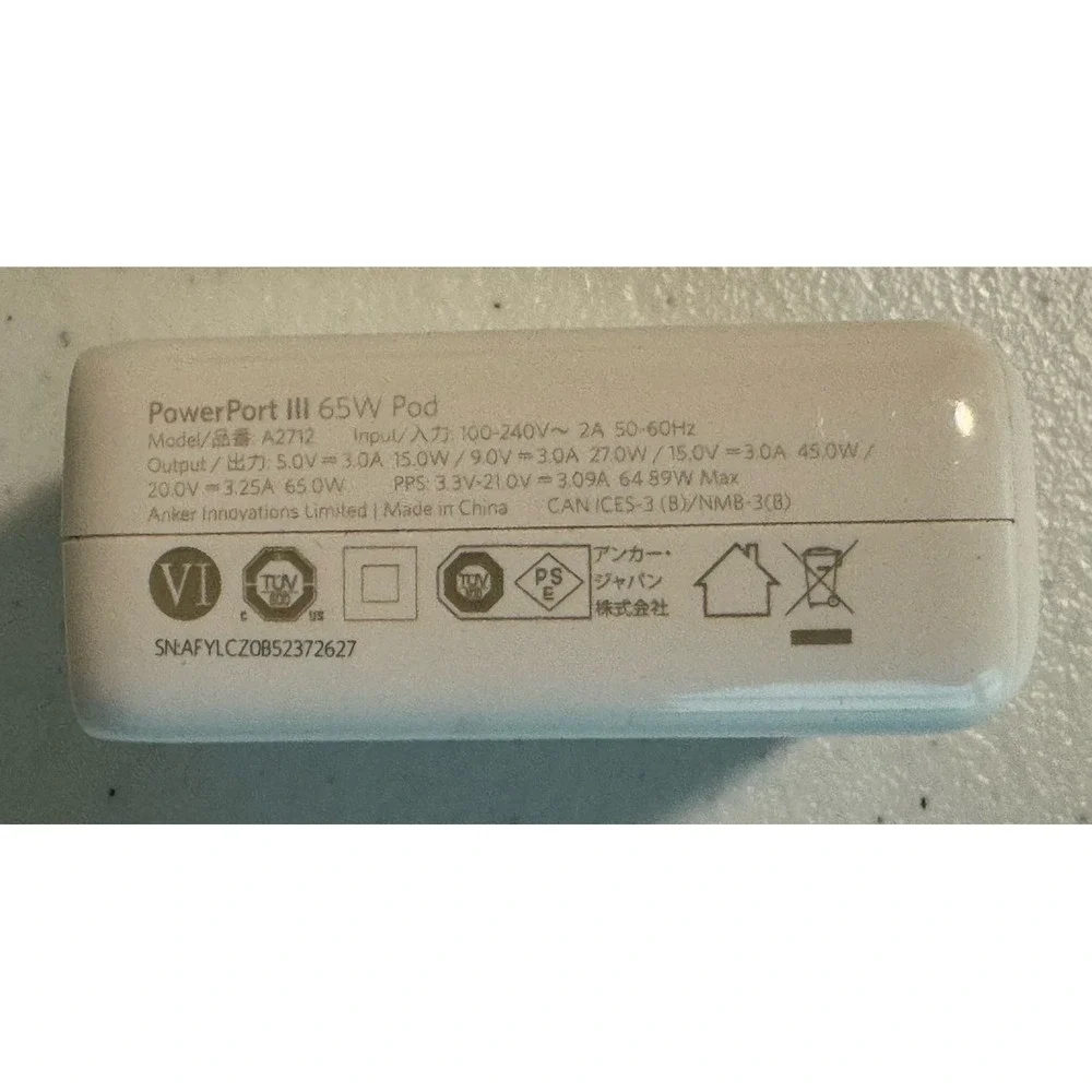 ANKER 65W PowerPort III Pod A2712 PD Fast USB-C Wall Charger Tested & Works!